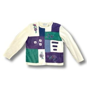 VTG Quilted Embroidered Color Block Ivory Chenille Acrylic Sweater